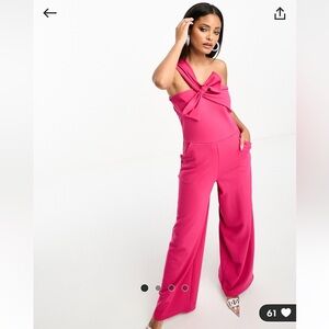 Little Mistress One Shoulder Wide Leg Jumpsuit With Bow in Pink